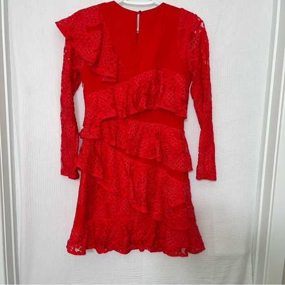 Aijek Mae Ruffled Lace Mini Dress in Rouge NWT - Picture 7 of 8